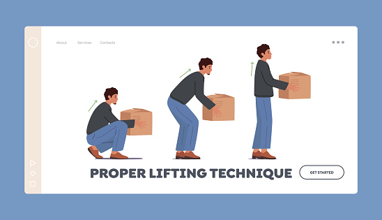 Proper Lifting Technique Landing Page Template. Correct Lift of Heavy Box Concept. Man Stand Up with Cardboard Package