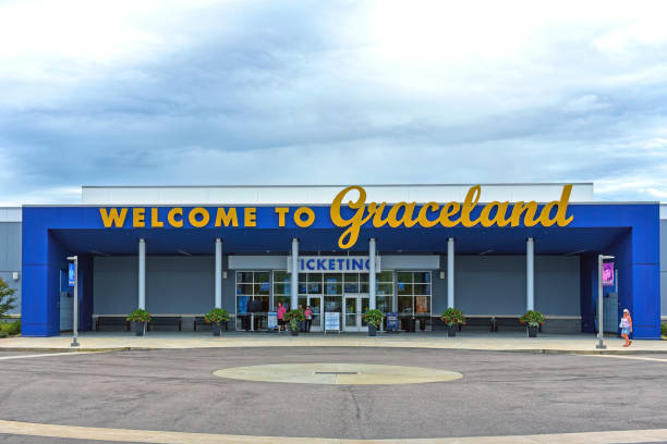 Memphis, TN, USA - September 24, 2019:  Entrance to the Graceland complex. Graceland was the name of the mansion owned by Elvis Presley and is now a famous tourist attraction.