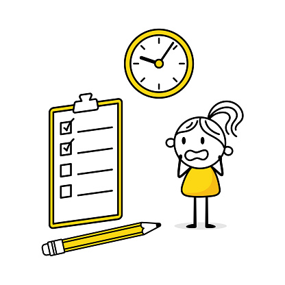 Businesswoman standing near a big to-do list and a clock. Hand drawn doodle woman in panic isolated on white background. Deadline business concept. Vector stock illustration.