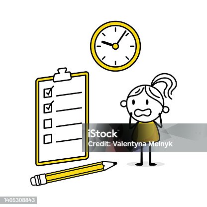 istock Businesswoman standing near a big to-do list and a clock. Hand drawn doodle woman in panic isolated on white background. Deadline business concept. Vector stock illustration 1405308843