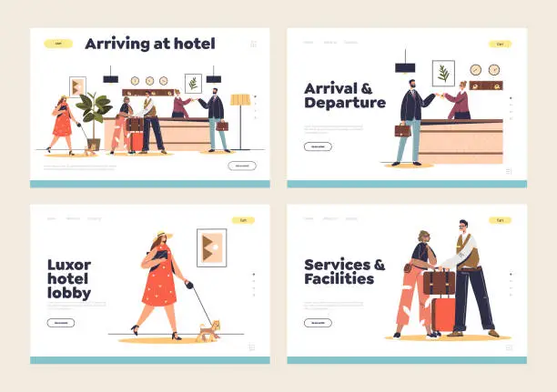 Vector illustration of Hotel services, arrival and departure concept of landing pages set with people at reception lobby