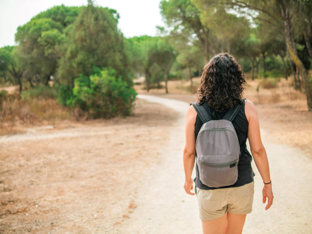istock Woman with rucksack walking along a path through a pine forest. 1405309887