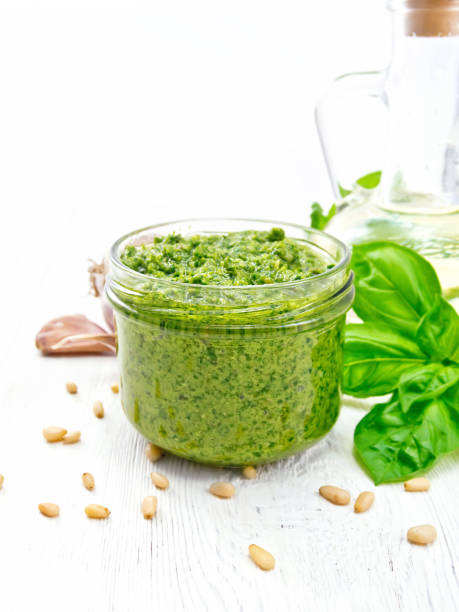 istock Pesto in glass jar on light board 1405313604