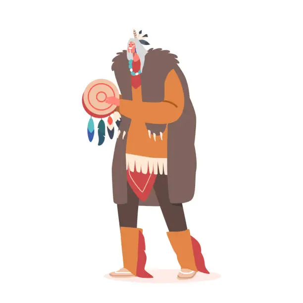 Vector illustration of Indian American Chief or Shaman in Tribal Dress and Headwear with Feathers Play Tambourine and Sing. Native Indigenous