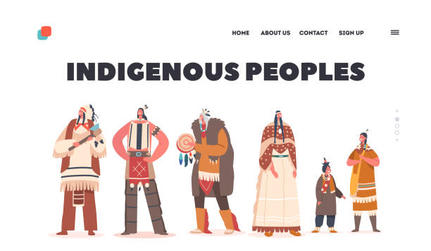Indigenous People Landing Page Template. Indian American Characters Warrior, Men, Women and Children with Shaman Indigenous People Landing Page Template. Indian American Characters Warrior, Men, Women and Children with Shaman, Native Aboriginal Persons in Tribal Costumes and Headwear. Cartoon Vector Illustration african-american-ethnicity stock illustrations