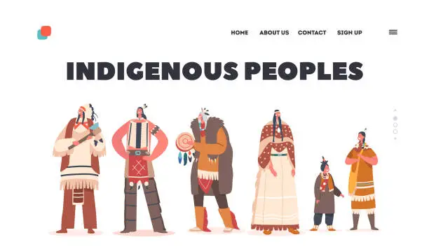 Vector illustration of Indigenous People Landing Page Template. Indian American Characters Warrior, Men, Women and Children with Shaman