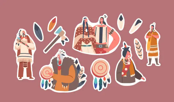 Vector illustration of Set of Stickers Indian American Indigenous Characters. Isolated Warrior, Native Man and Woman Couple, Children, Shaman