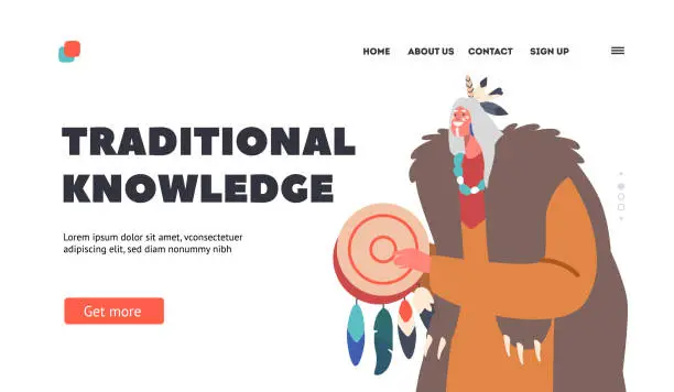 Vector illustration of Indian American Person Landing Page Template. Chief or Shaman in Tribal Dress and Headwear with Feathers Play Tambourine