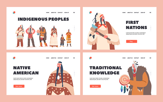 Indigenous People Landing Page Template Set. Indian American Characters Warrior, Men, Women and Children with Shaman