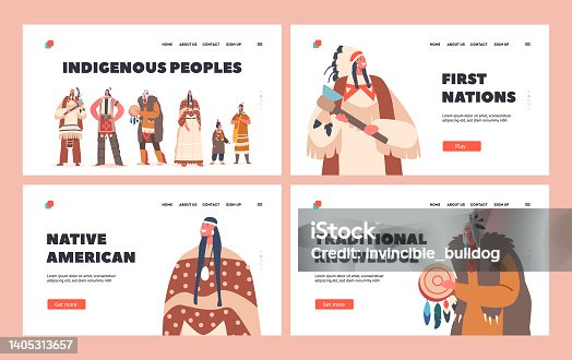 istock Indigenous People Landing Page Template Set. Indian American Characters Warrior, Men, Women and Children with Shaman 1405313657
