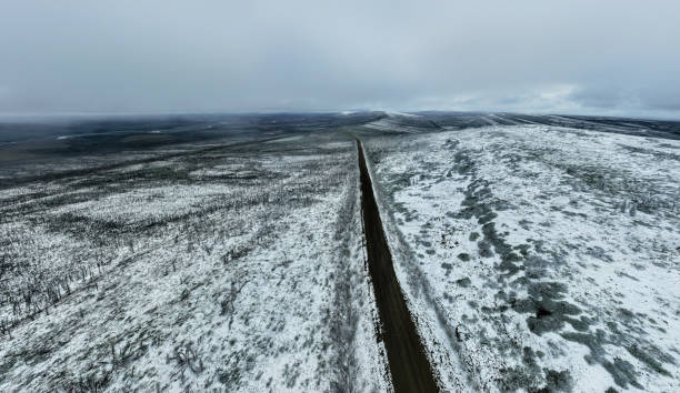 6월의 독수리 평원 유콘 풍경 - drivers point of view country road snowing blizzard 뉴스 사진 이미지