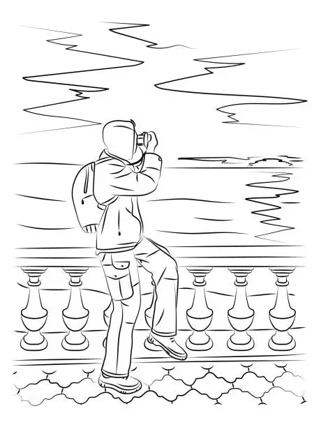 Vector illustration of A male tourist photographs sunset or sunrise on sea. Traveler taking photo and video on camera. Photographer takes a beautiful seascape. Tourist vacation. Summer landscape. Sketch line drawing