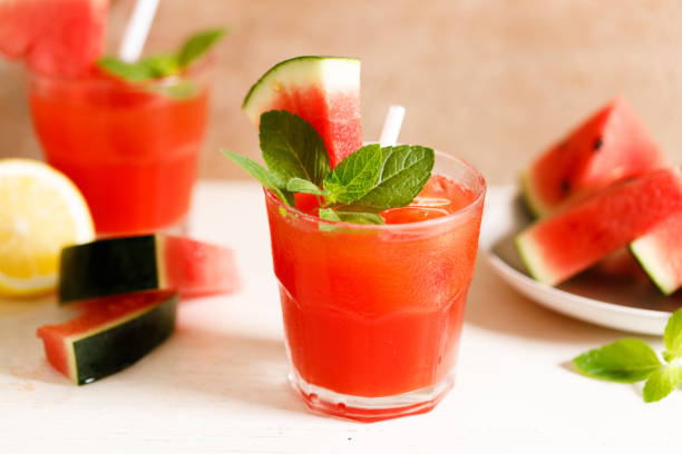 istock Fresh watermelon juice with ice in a glass. 1405318277