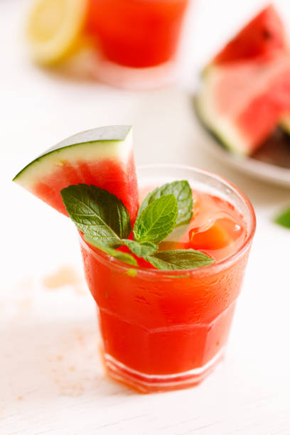 istock Fresh watermelon juice with ice in a glass. 1405318296