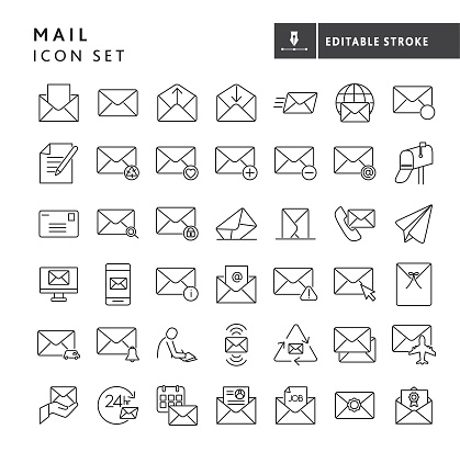 Vector illustration of mail correspondence and emailing envelope concepts thin line style icon set. On white background with no white box below. Fully editable for easy editing. Simple line icon that includes vector eps and high resolution jpg in download.