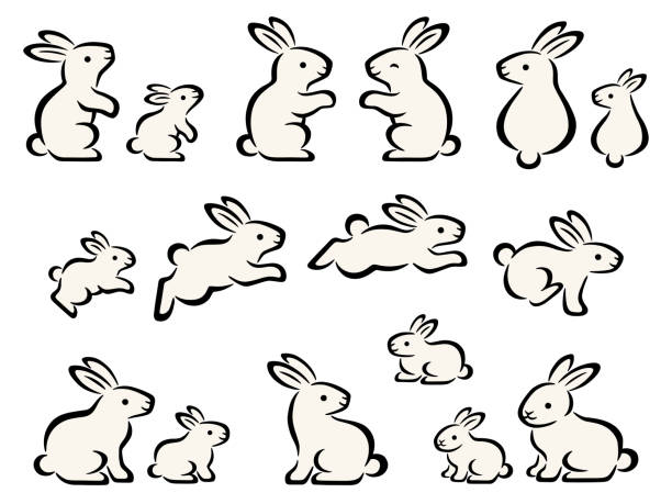 Brush hand drawn style illustration set of white rabbit parents and children Brush hand drawn style illustration set of white rabbit parents and children in various poses year of the rabbit stock illustrations