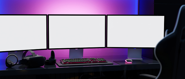 Modern gamer computer desk setup with RGB lights on the background, Modern 3 desktop computer mockup, gaming keyboard, VR glasses on the table and a gamer chair. 3d rendering, 3d illustration