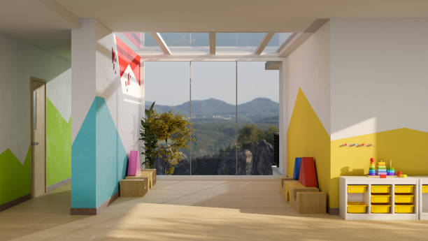istock Beautiful modern colourful kindergarten classroom or kid nursery playroom interior with decor. 1405331008