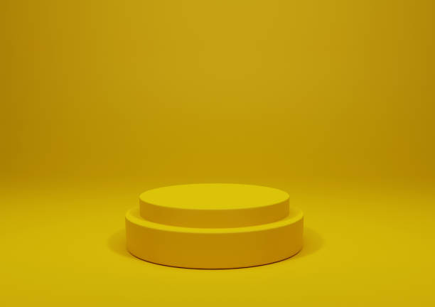 istock Yellow theme 3D rendering minimal concept double cylinder pedestal or podium for product showcase display on empty background. 3D mockup illustration 1405333046