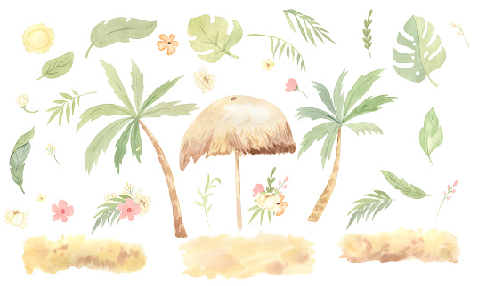 Watercolor beach, sand, palm trees, tropical leaves. Summer elements illustration for kids