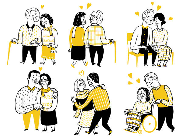 함께 늙은 - wheelchair women outline holding hands stock illustrations