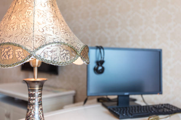 Retro desk lamp and computer monitor
