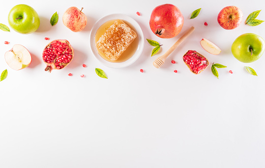 Rosh hashanah (jewish New Year holiday), Concept of traditional or religion symbols on white background.