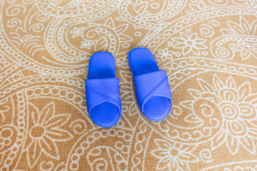 Slippers on the mat, blue plastic slippers