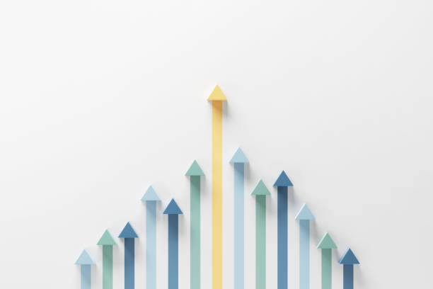 istock Minimal arrow up to growth success on blue background, progress way and forward achievement creative concept. copy space. 1405339264