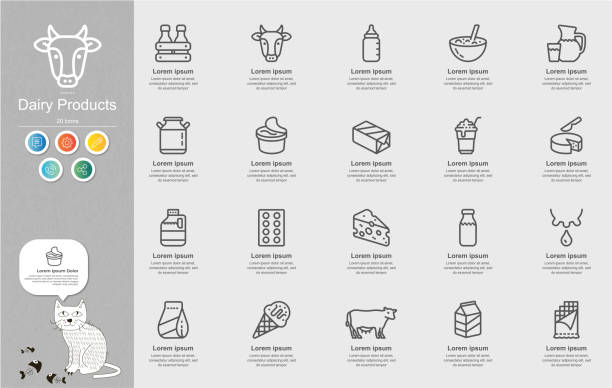 ilustrações de stock, clip art, desenhos animados e ícones de dairy products line icons content infographic - jarro de leite