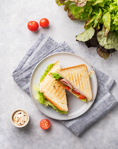 club sandwich su un piatto blu di prosciutto, cetriolo, pomodoro e lattuga foglie da vicino su uno sfondo blu con maionese. vista dall'alto - cheese loaf foto e immagini stock