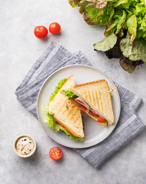 Photo of Club sandwich on a blue plate of ham cheese, cucumber, tomato and lettuce leaves close-up on a blue background with mayonnaise. Top view
