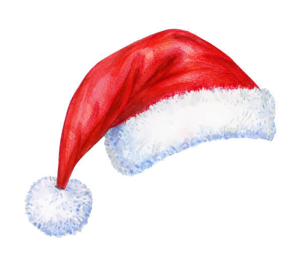 illustrations, cliparts, dessins animés et icônes de chapeau rouge du père noël, isolé sur blanc. illustration à l’aquarelle. - chapeau de père noël