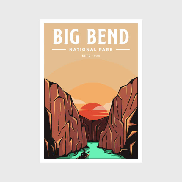 illustrazioni stock, clip art, cartoni animati e icone di tendenza di design dell'illustrazione vettoriale del poster del parco nazionale di big bend - rio grande illustrations