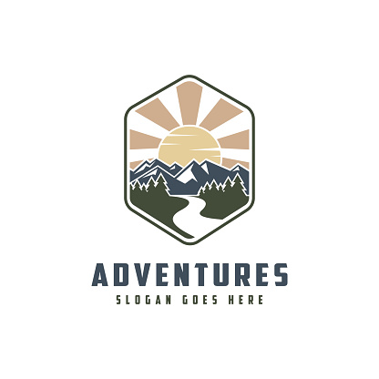 vintage emblem mountain and river landscape adventure logo icon vector template on white background