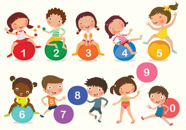 ilustraciones, imágenes clip art, dibujos animados e iconos de stock de variedad de números para que los niños estudien y aprendan. vector, ilustración - three boys