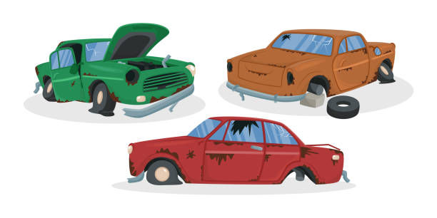 Broken vintage cars vector illustrations set Broken vintage cars vector illustrations set. Collection of cartoon drawings of damaged or abandoned rusty old automobiles with flat tires isolated on white background. Car repair service concept broken car stock illustrations
