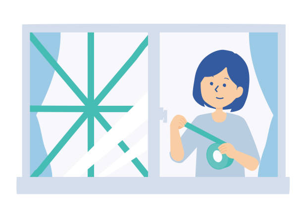 illustration of a woman putting curing tape on a window glass to prevent typhoons - typhoon 幅插畫檔、美工圖案、卡通及圖標