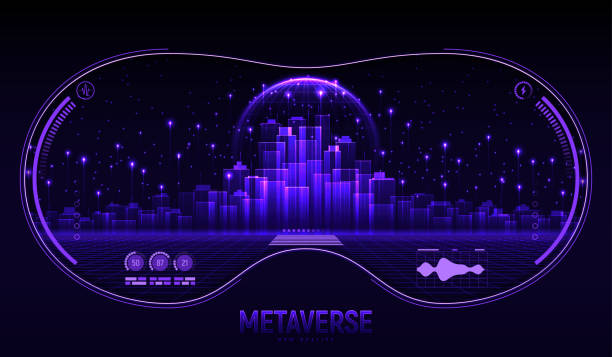 Metaverse city future concept Metaverse city future concept. View from vr glasses on concept of virtual digital reality. Simulation of network futuristic world. Future digital technology metaverse. 3d vector illustration. meta description stock illustrations