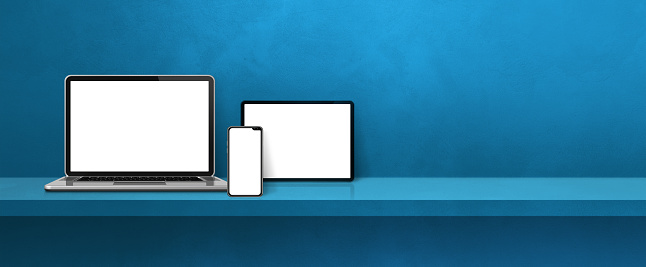 Laptop, mobile phone and digital tablet pc on blue wall shelf. Banner background. 3D Illustration
