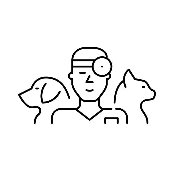 Vector illustration of Veterinary doctor icon. Young man with dog and cat. Pixel perfect, editable stroke line icon