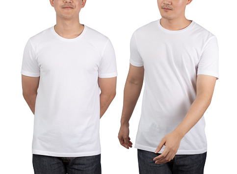 Blank shirt mock up template, front and back view,  plain ringer white t-shirt isolated on black. Tee design mockup presentation for print