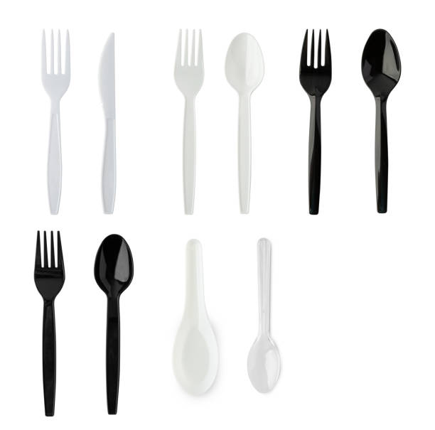 Plastic cutlery utensils isolated on white background with clipping path.