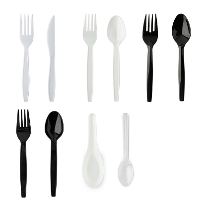 Plastic cutlery utensils isolated on white background with clipping path