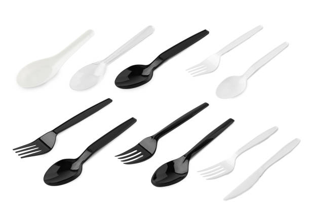 istock Plastic cutlery utensils isolated on white background with clipping path. 1405348053