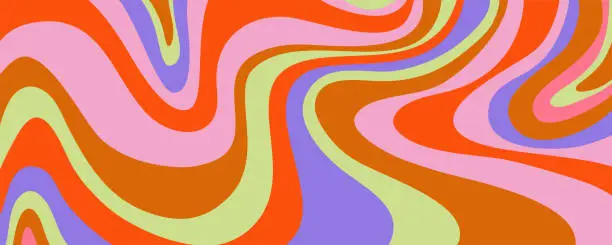 Vector illustration of Grioovy psychedelic wave background for banner design. Retro 60s 70s psychedelic pattern. Modern wave retro abstract design. Rainbow 60s, 70s, hippie vector.
