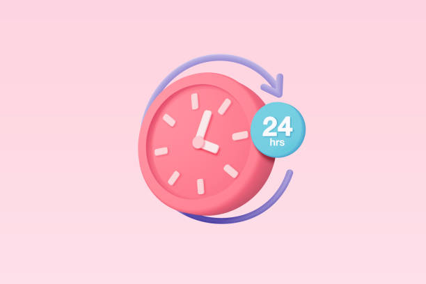 ilustrações, clipart, desenhos animados e ícones de ícone de 3d despertador 24 horas para o conceito de entrega de velocidade. relógio rosa conceito de design mínimo de tempo, serviço e suporte 24 horas por dia. ilustração de renderização vetorial do ícone do relógio 3d - placa de horário de funcionamento