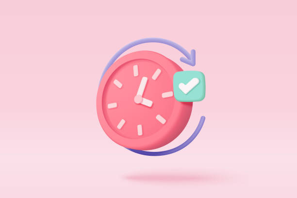 サクレス配信コンセプトのための3d目覚まし時計アイコン。ピンク時計は、時間、サービス、サポートのミニマルなデザインコンセプトを24時間体制で見ています。3d時計アイコンベクトルレ� - arrow sign点のイラスト素材／クリップアート素材／マンガ素材／アイコン素材