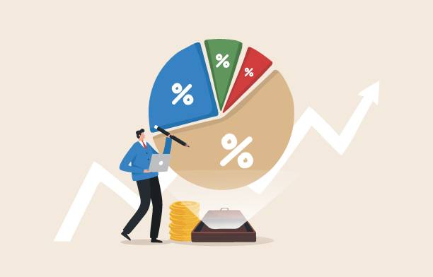 ilustrações, clipart, desenhos animados e ícones de relatório financeiro. revisando a carteira de investimentos. ajustando as carteiras da elevação das taxas de juros do governo federal ou do fed. inflação, mercados de ações, fundos, criptomoedas. os investidores verificam seus ativos de investimento - incomes