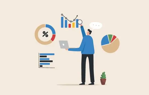 Vector illustration of Business data analysis, market research, investment financial reports. Stock market. Business analyst holding a magnifying glass to analyze charts.